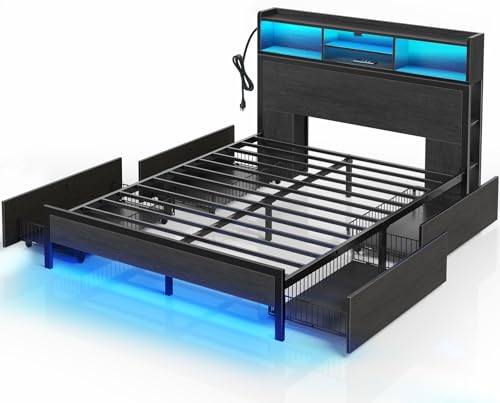 Rolanstar Queen Bed Frame with Storage Headboard, Metal Platform Charging Station, LED 4 Drawers, Bookcase Storage, No Box Spring Needed, Easy Assembly, Noise-Free, Black