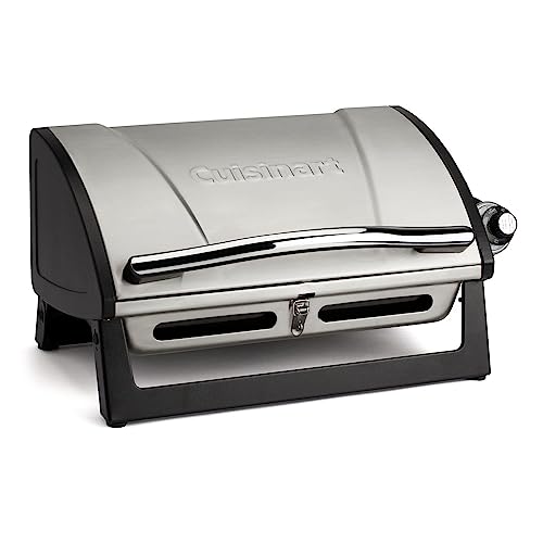 Cuisinart Grillster Portable Gas Grill, Stainless Steel Compact BBQ Grill with Locking Lid for Easy Transport, 8000 BTU Propane Grill with Dishwasher Safe Cooking Grate, Small Grill for Camping & BBQ