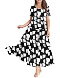 YESNO Women Casual Loose Bohemian Floral Dress with Pockets Short Sleeve Long Maxi Summer Beach Swing Dress L EJF CR162 Black/White