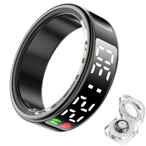 AMZAIZO Smart Ring with Screen+Touch Sleep&Fitness Tracking Wearable for Women/Men, Accurate Monitoring of Pedometer, Heart Rate, Blood Oxygen, No Subscription Required with Charging Case (Black, #9)