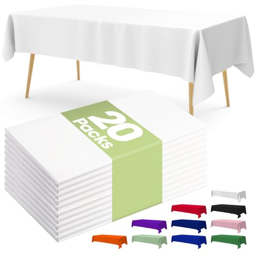 Pureegg Plastic Table Cloth Disposable 20 Pack, 54 x 108 Inch Table Cloths, Party, Picnic, Wedding, Decorative Tablecloths, Rectangle, White Plastic Cover, Leakproof & Sturdy, White