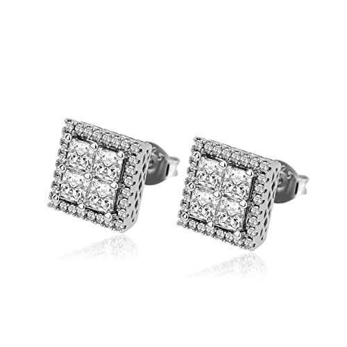 TOPGRILLZ 925 Sterling Silver Square Flat Iced Out Bling Mens Earrings Cubic Zirconia 14K Gold Screw Stud Back Earrings For Women Pendientes cuadrados para hombres-White Gold