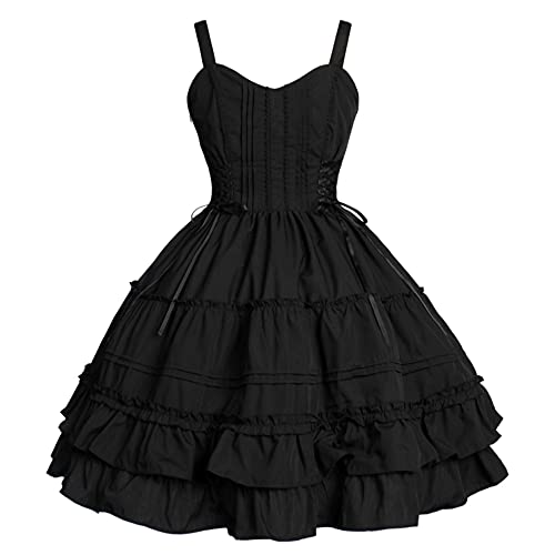 Jeufoin Women Black Gothic Lolita Dress Classic Summer Sleeveless Vinage Goth Lolita Dresses Plus Size Anime Maid Cosplay Costume 2XL Black