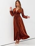 Sissyaki Women's Long Sleeve Velvet Dresses Fall Winter Long Dress Wedding Guest Party Maxi Dress B#Caramel Large