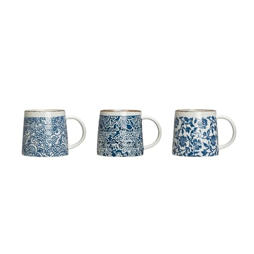 Creative Co-Op Blue & White Hand-Stamped Stoneware Mug with Gold Rim (Set of 3 Patterns) Mugs & Cups, Blue