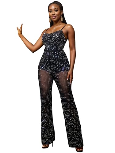 Figdaw Women's Sparkle Rhinestone Sequin Jumpsuit,Sexy Glitter Jumpsuits,Party Night Out,Dressy Cocktail,Birthday Events Outfit,Black,S,C6556