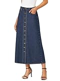 Vrtige Women's Casual Button Down High Waisted A Line Jean Midi Long Denim Skirt with Pockets Solid Blue Large