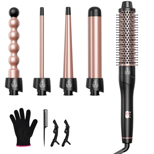 5 in 1 Curling Wand Set, Lopeie Curling Iron with New Upgraded Curling Brush and 4 Interchangeable Ceramic Curling Wand(0.5”-1.25”), Fast Heating, Include Heat Protective Glove & 2 Clips & Hair Brush