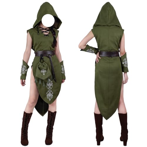 HiiFeuer 5PCs Women Renaissance Suede Sleeveless Elf Costume, Medieval Hooded Gown with Bracers Drawstring Bag Fantasy Belt (Green XL)