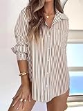 siliteelon Striped Button Down Shirts for Women Dress Shirts Long Sleeve Casual Collared Office Work Shirt with Pocket Brown and White