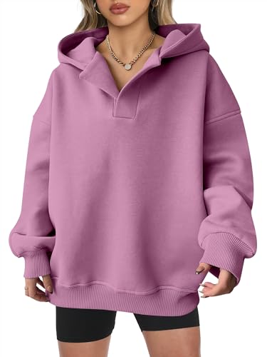 ANRABESS Womens Oversized Hoodies V Neck Sweatshirts Long Sleeve Pullover Casual Fall Teen Girls Preppy Clothes 2025 Trendy A1562 Dark Pink XL