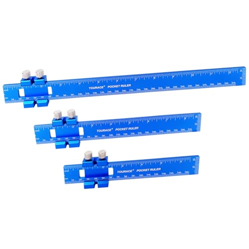 TOURACE Aluminum Woodworking Rulers with Slide Stop (3 Pcs) Precision Pocket Ruler Metal T Track Ruler, Square Ruler Inch and Metric Marking Measuring Scribing Rule