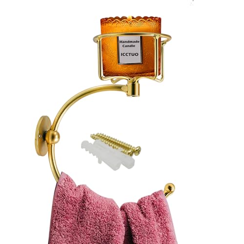 Hand Towel Holder for Bathroom Wall, Elegent Towel Hook with Candle Holder, Gold Towel Ring, Towel Rack Wall Mounted Hanger for Bathroom, Kitchen, Entryway, Drill Holes