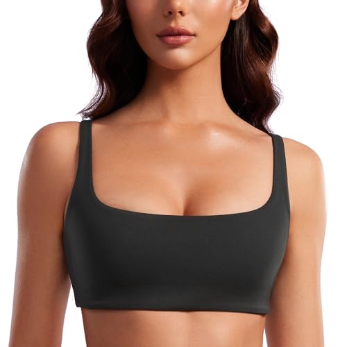 CRZ YOGA Butterluxe Spaghetti Strap Sports Bras for Women - Square Neck Yoga Wireless Low Coverage Padded Cami Crop Top Black X-Large