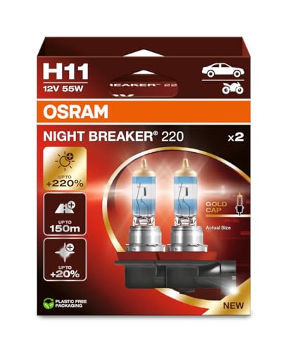 OSRAM NIGHT BREAKER 220, H11, 220% Brighter Halogen Headlight Lamp, 64211NB220-2HB, Folding Box (2 Lamps)