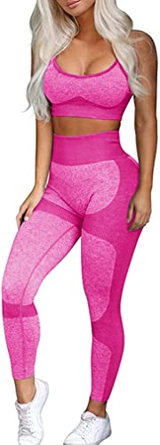 OLCHEE Women’s Workout Sets 2 Piece - Seamless Yoga Leggings and Cross-Strap Sports Bra Gym Outfits Activewear Matching Set - Pink Medium