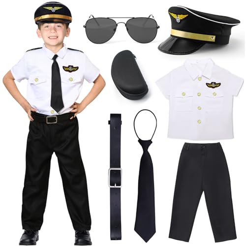 Cutepaws Pilot Costume for Kids Airplane Uniform Sunglasses Flight Hat Halloween Pilot Costumes Boys Career Day Costume White