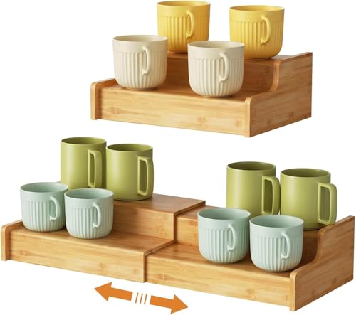 Hongtamoya 2-Tier Expandable Coffee Mug Holder, Countertop Station Bamboo Mug Cup Rack Coffee Bar Organizer, Tea Cups Stand for Cabinet, Multi-functional Mug Holder Shelf for Kitchen, Home