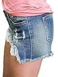 Flamingals Women's Ripped Denim Shorts Mid Blue Low Waist Lace Raw Hem Casual Skinny Jean Shorts Mid Blue L