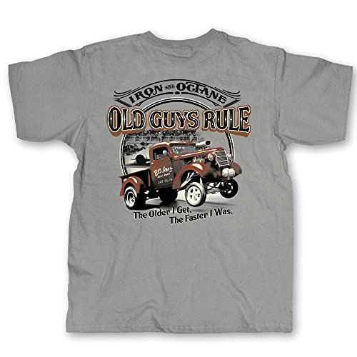 OLD GUYS RULE Men's Graphic T-Shirt, Iron and Octane - Gift for Dad, Grandpa, Husband, Father's Day, Birthday, Holiday - Vintage Inspired Novelty Tee for Classic Car & Truck Lovers (Gravel, Medium)