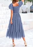 PRETTYGARDEN Women's Smocked Midi Tulle Dress 2025 Summer Puffy Short Sleeve Square Neck Ruffle Wedding Guest Party Dresses (Grey Blue,Medium)