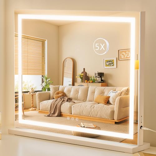 HIEEY Lighted Makeup Mirror, Hollywood Vanity Mirror with Lights, Three Color Lighting Modes, and 5X Magnification Mirror, Smart Touch Control, 360°Rotation (22.8in,White)