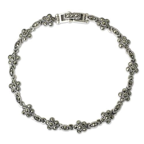 NOVICA Handmade .925 Sterling Silver Marcasite Link Bracelet Unique Floral Grey Thailand [7 in L x 0.3 in W] 'Daisy Garland'