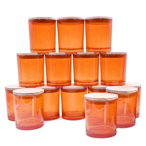 SHOWIN 10 OZ Thick Candle Jars for Making Candles 15 Pcs, Empty Jars with Wood Lids for Candle Making, Sample Container, Clear Orange
