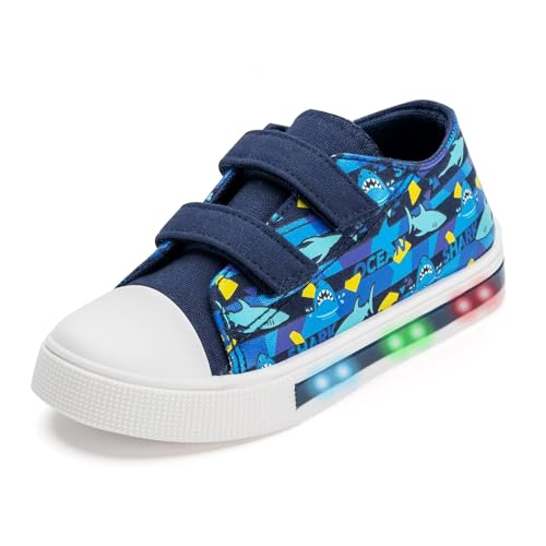 FUNCOO PLUS Boys Girls Sneakers Light Up Canvas Shoes for Toddler Kids Easy Fasten Fashion Shoes with Hook and Loops, Ocean Shark, Little Kid Size 11