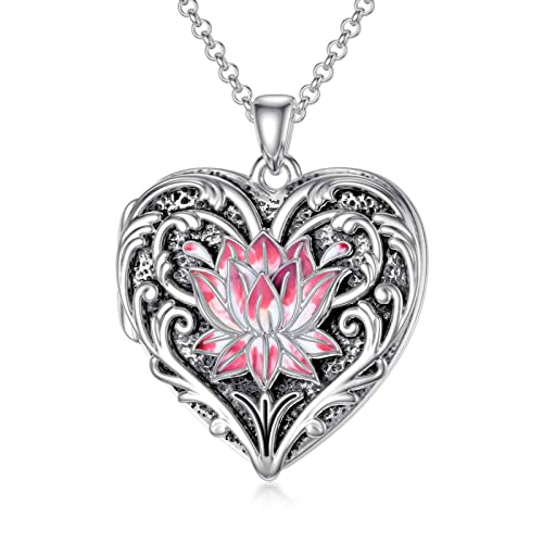 SOULMEET Heart Enamel Pink Lotus Locket Necklace That Hold Pictures Inspirational Lotus Locket New Beginning Sterling Silver Gift (Locket only)