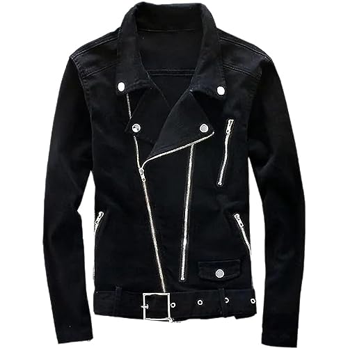 Men's Black Denim Biker Jean Jacket Classic Motorcycle Style Punk Knight Coat with Scratched Zipper Slim Fit Turn-Down Collar (as1, alpha, x_s, regular, regular)