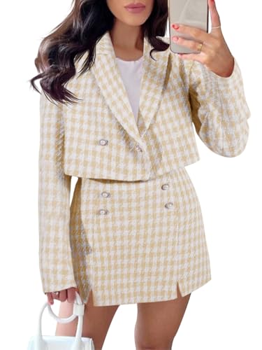Cicy Bell Womens Cropped Tweed Blazer Sets 2 Piece Outfits and Mini Skirt Sets Business Casual Suits Beige