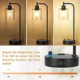 Industrial Table Lamps for Bedrooms Set of 2 - Fully Dimmable Bedside Lamps with USB A and C Ports and Outlet, Black Nightstand Lamps with Glass Shade for Living Room, Desk Lamps for Office Reading