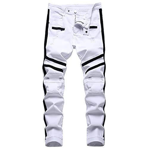 QIMYUM Men's Slim Fit Stretch Jeans Distressed Straight Leg Denim Pants, Fashion Biker Jeans Ripped Skinny Jeans for Men White