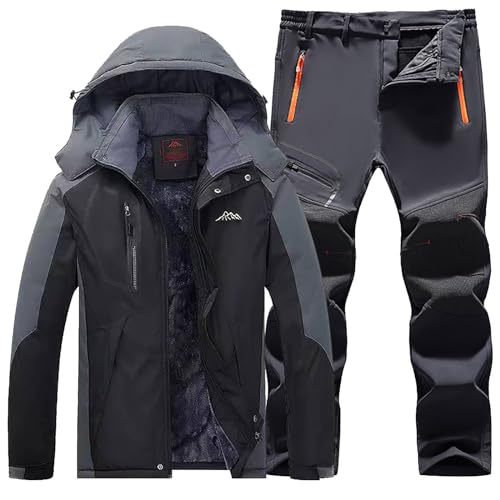 Men's Ski Hooded Jackets and Tactical Pants Sets Thermal Waterproof Snowsuit Sets Big and Tall Winter Warm Fleece Lined Worksuit Set Stylish Windproof Snow Hunting Tracksuit Set Size L-5XL