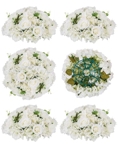 BLOSMON Artificial Flower Balls Wedding Centerpieces 6 Pcs 15.7" Large White Fake Flowers Rose Hydrangea Ball Arrangement Center Pieces for Table Silk Floral Bouquet for Wedding Party Home Decor