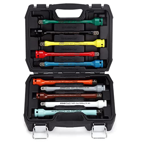 RIMKOLO 1/2" Drive Torque Limiting Extension Bar Set, 10-Piece Impact Torque Limiter Set with 8 Inch Color-Coded CR-MO Torque Sticks (65 to 150 Ft-Lbs) for Locking Lug Nuts