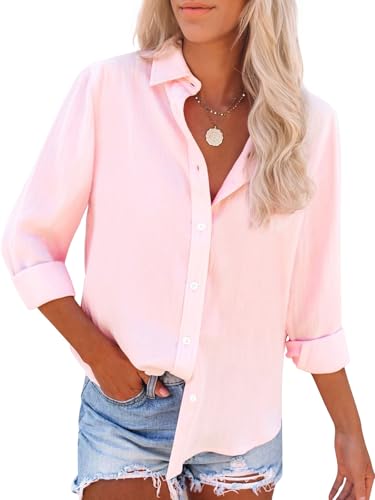 siliteelon Button Down Shirts for Women Dress Shirts Long Sleeve Wrinkle-Free Blouse Casual Solid Office Work Tunic Top - All Pink XS