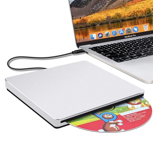 NOLYTH External CD DVD Drive: Plug & Play for Laptop Mac MacBook PC Windows - Portable High-Transfer USB C Burner for Music/Movie/Data Backup - Slot-in Aluminum with USB 3.0 Adapter(Silver)