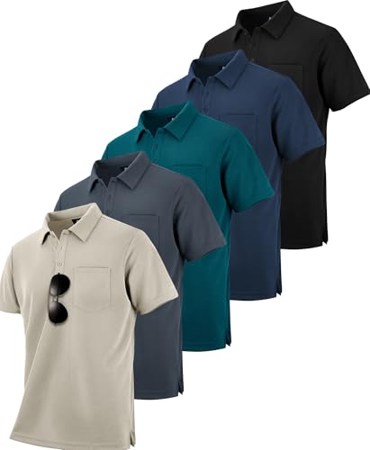 ZITY 5 Pack Polo Shirts for Men with Pocket Dry Quickly Short Sleeve Athletic Outdoor Work Collared Shirts L