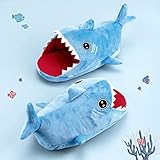 BelugaDesign Shark Slippers | Cute Kawaii Anime Animal Indoor House Plush Poofy Winter Christmas Shoes | Blue Red Women Medium