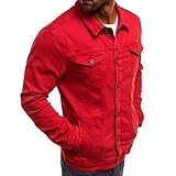 LONGBIDA Men's Casual Classic Denim Jacket Slim Fit Fashion Jean Coat(Red,XL)