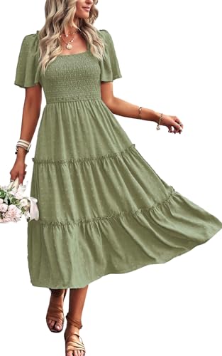 Women's Casual Summer Dress 2025 Square Neck Flutter Sleeve Smocked Tiered Midi Dress Swiss Dot Boho Flowy Dresses Green Large