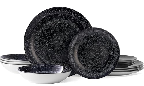 Bestone Plates and Bowls Sets,12 Pieces Round Porcelain Dinnerware Sets,Dishes, Plates, Dishware Sets,Chip Resistant Ceramic Dish Set Dining Dinner Ware Service for 4,Starry Sky Black