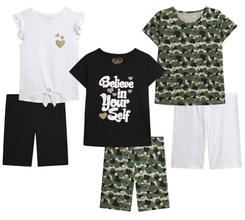 Dreamstar Girls Active Shorts Set - 6 Piece Fashion T-Shirts and Performance Bike Shorts - Summer Outfit for Girls (7-16), Size 10-12, Camo Hearts/Believe