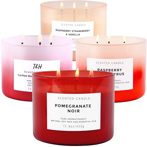 Pomegranate Noir, Raspberry Apple Citrus, Lychee Guava Sandalwood, Raspberry Strawberry Vanilla 3 Wick Scented Candles Bundle Set of 4 x 15.8 Oz