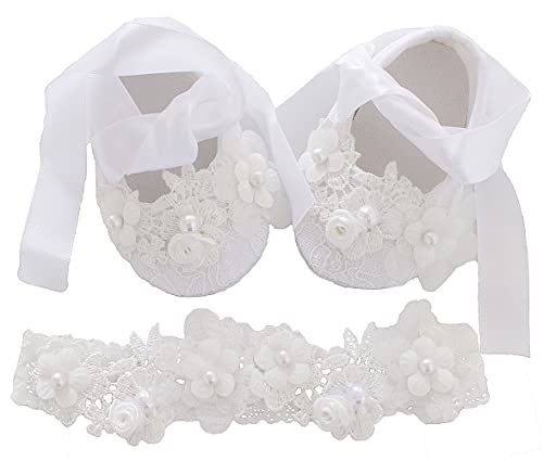 LilPinkGoose 0-18M Baby Girls & Toddler Lace Baptism Shoes and Headbnad Set(White, Infant, 3_Months)