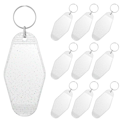 Uniclife 10 Pcs Hotel Keychain Tags, Clear Motel Keychain with Glitter & Key Rings, Transparent Plastic Rhombus Keychain, Vintage Key Tags Labels for DIY Keychain Craft Ornament and Luggage Tag