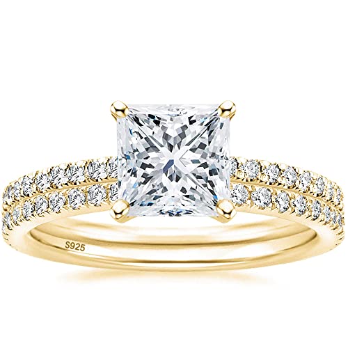 EAMTI 2CT 925 Sterling Silver Gold Bridal Ring Sets Princess Cut CZ Engagement Rings Promise Rings for Her Wedding Bands for Women Size 7