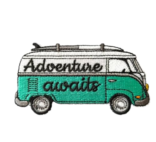 PatchClub Adventure Awaits Surfing Travel Camping Campervan Patch - 3.5 inches, Mountain Van California Adventure Outdoor Patch - Cool Embroidered Patch - Iron On/Sew On Patches